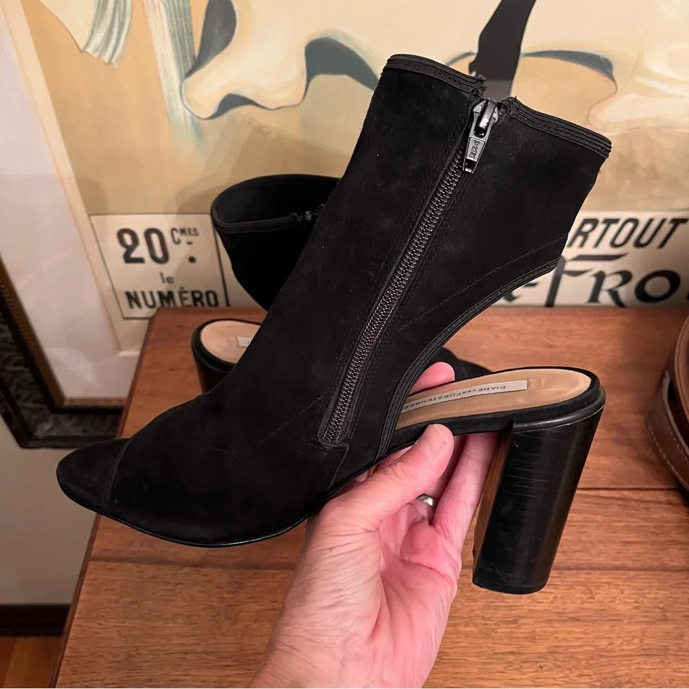Diane von Furstenberg Black Suede Panina Open Toe Booties